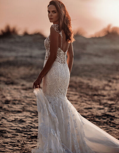 Lace fishtail gown sheer bodice long train