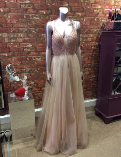 pink prom dress beaded bodice tulle skirt