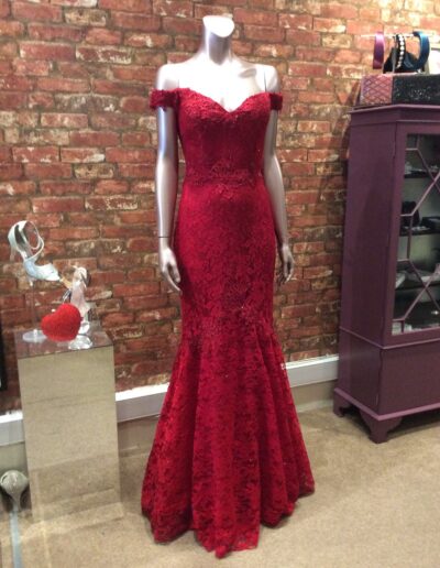 prom dress red lace fishtail off-shoulder