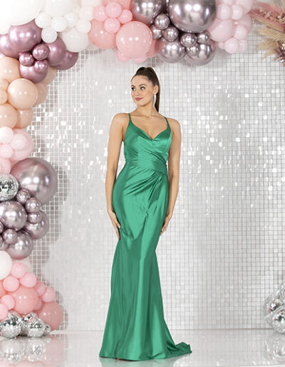 prom dress green satin low-back lace-up fitted