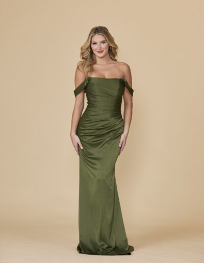 satin off-shoulder bridesmaid dress