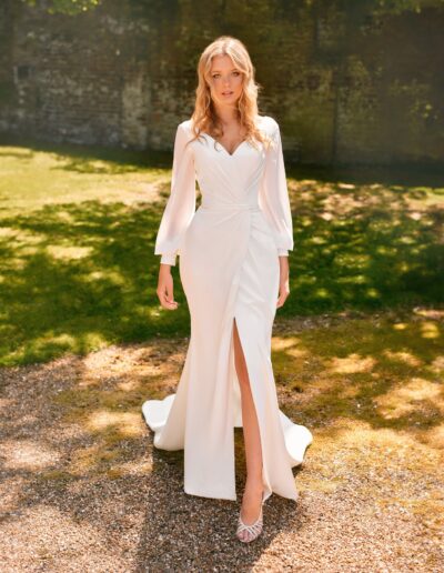 wedding dress chiffon crepe sleeves wrap train