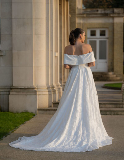 wedding gown bridal devore off-shoulder split pleated-skirt