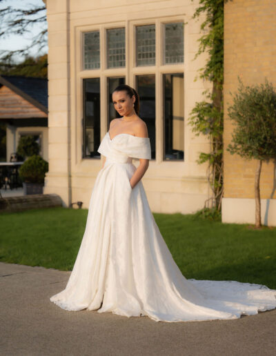 wedding gown bridal devore off-shoulder split pleated-skirt