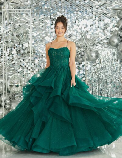 tiered ruffle ballgown prom dress lace crystal sequin glitter princess tulle straps