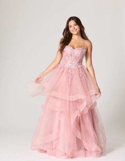 tiered ruffle ballgown prom dress lace crystal sequin glitter princess tulle straps PINK