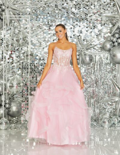 tiered ruffle ballgown prom dress lace pearl princess tulle straps