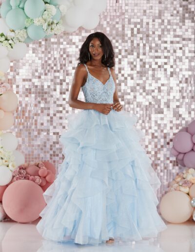 tiered ruffle ballgown prom dress lace crystal sequin glitter princess tulle straps