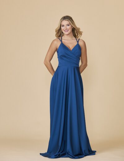 v-neck spagetti-strap crepe bridesmaid dress