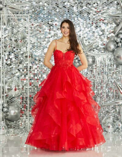 tiered ruffle ballgown prom dress lace crystal sequin glitter princess tulle straps RED