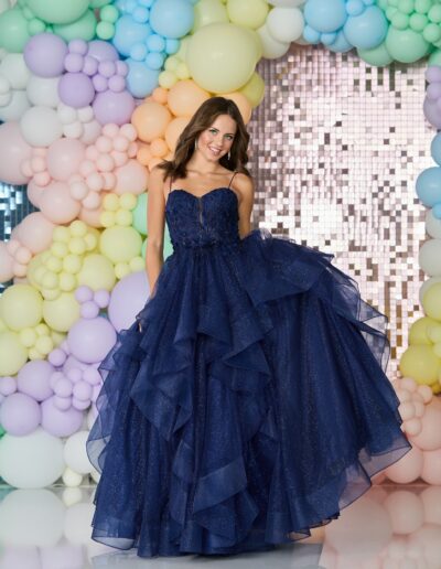 tiered ruffle ballgown prom dress lace crystal sequin glitter princess tulle straps NAVY BLUE