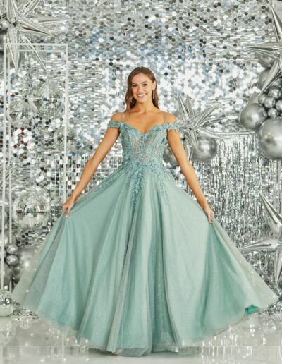 prom dress beaded glitter layered skirt tulle crinoline-hem off-shoulder